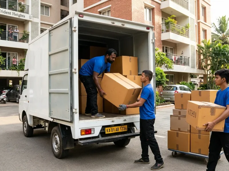 Professional packing crew loading domestic goods into relocation container truck